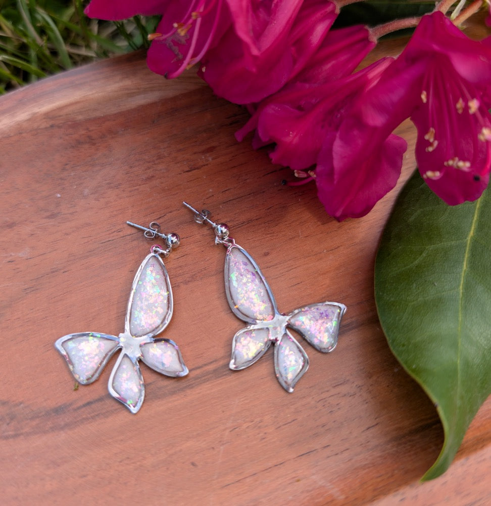 Silver/White Iridescent Butterfly Earrings