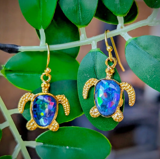Iridescent Blue Turtle Dangles